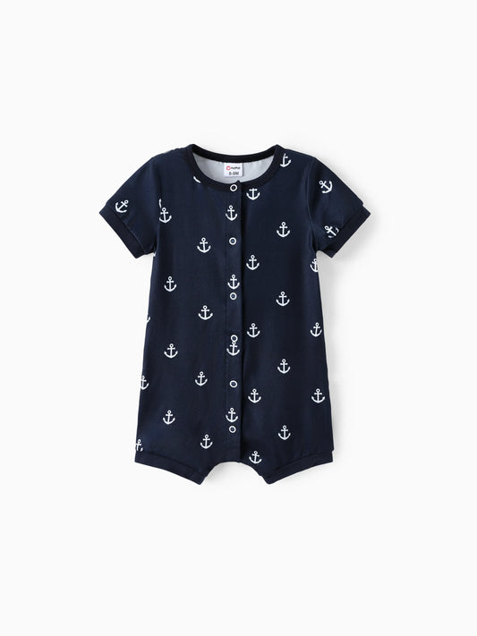 Navy Blue Anchor Print Short-Sleeve Baby Romper