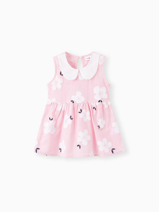 Baby Girl Cotton Peter Pan Collar Floral Print Tank Dress