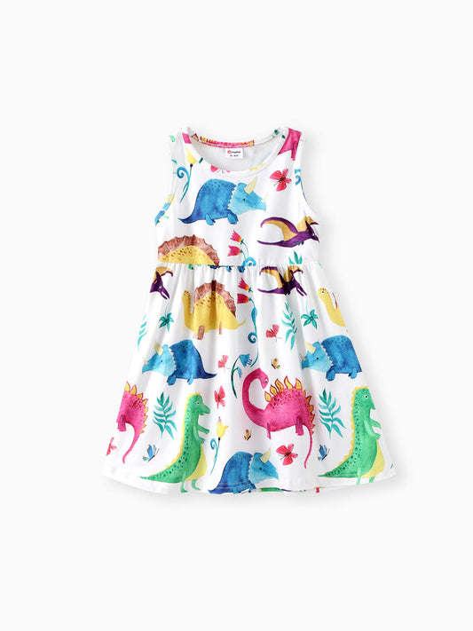 Girl Animal Dinosaur Print Sleeveless Dress Multi-color