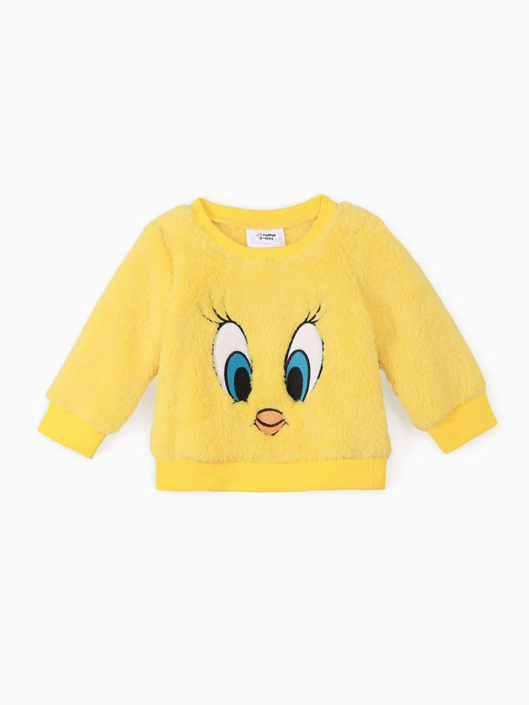 Looney Tunes Embroidered Long-sleeve Thermal Fuzzy Pullover Yellow