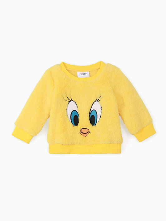 Looney Tunes Embroidered Long-sleeve Thermal Fuzzy Pullover Yellow