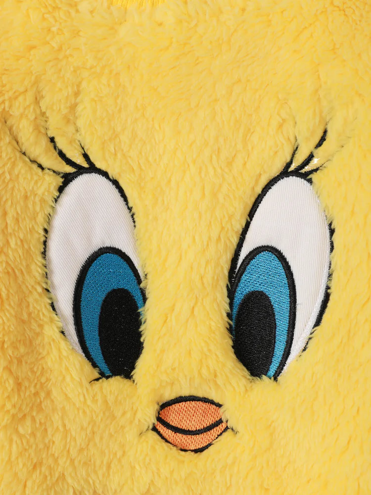 Looney Tunes Embroidered Long-sleeve Thermal Fuzzy Pullover Yellow