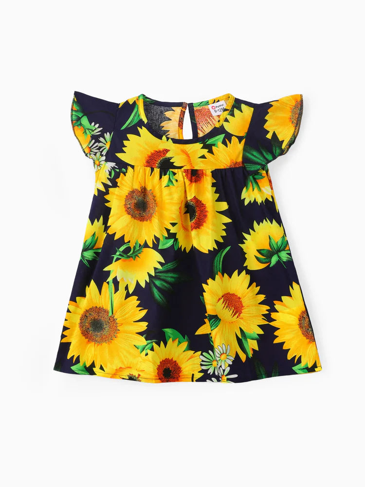 Baby Sunflower Print Flutter-sleeve Dress