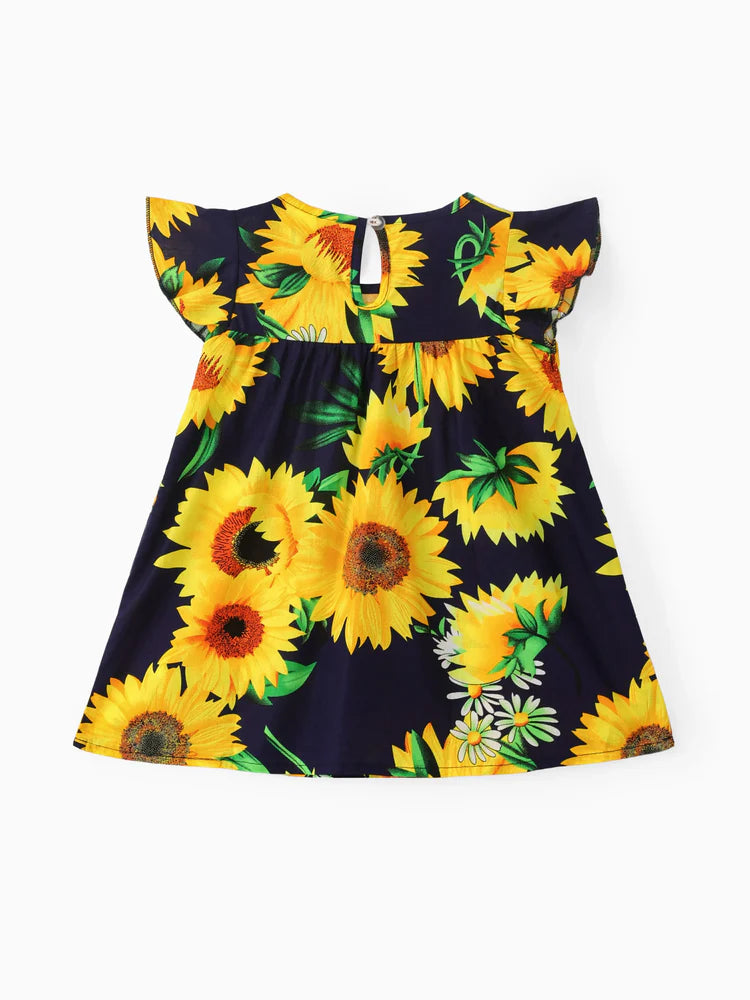 Baby Sunflower Print Flutter-sleeve Dress