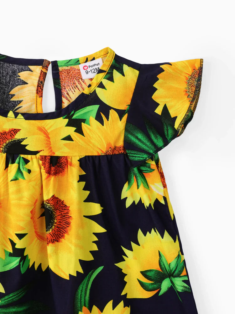 Baby Sunflower Print Flutter-sleeve Dress