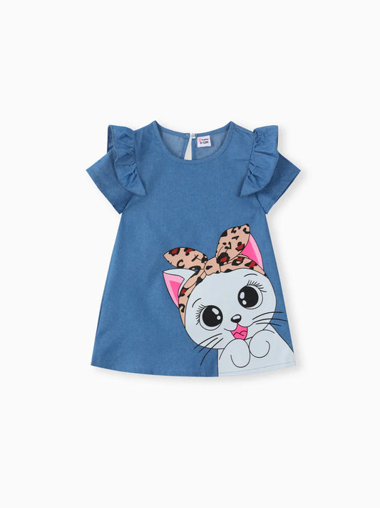 Baby Girl Cute Cat Print Ruffled Short-sleeve Dress Blue