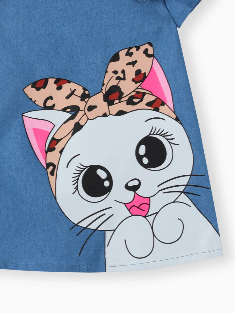 Baby Girl Cute Cat Print Ruffled Short-sleeve Dress Blue