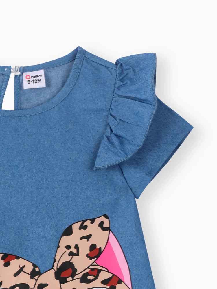 Baby Girl Cute Cat Print Ruffled Short-sleeve Dress Blue