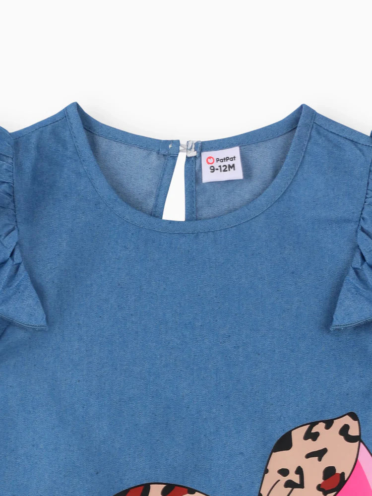 Baby Girl Cute Cat Print Ruffled Short-sleeve Dress Blue