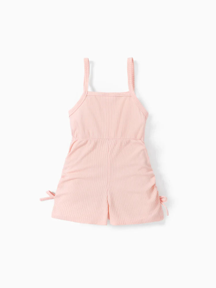 Girl Letter Print Drawstring Ruched Side Ribbed Cami Romper Pink