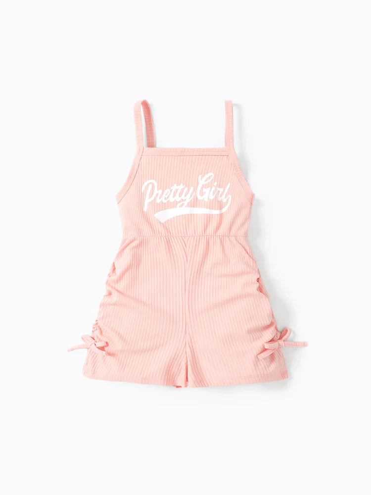 Girl Letter Print Drawstring Ruched Side Ribbed Cami Romper Pink