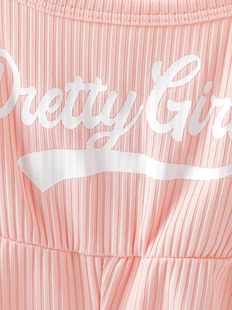 Girl Letter Print Drawstring Ruched Side Ribbed Cami Romper Pink