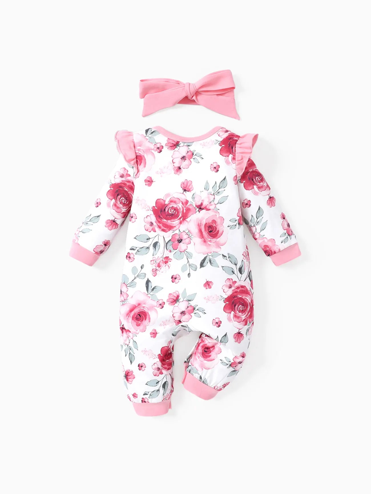 Girl Floral Sweet Long Sleeve Jumpsuit Set-light Pink with HeadBand