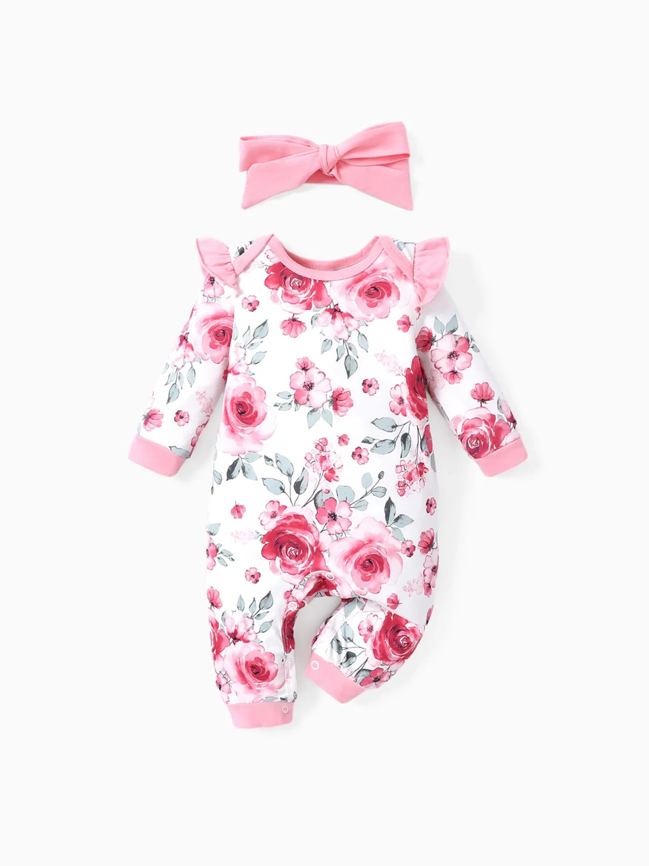 Girl Floral Sweet Long Sleeve Jumpsuit Set-light Pink with HeadBand