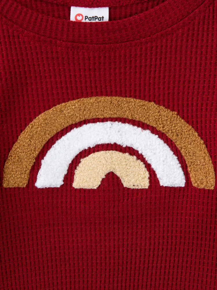 Boy/Girl Rainbow Pattern Waffle Long-sleeve Pullover Sweatshirt Burgundy