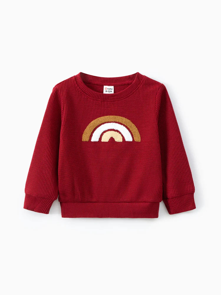 Boy/Girl Rainbow Pattern Waffle Long-sleeve Pullover Sweatshirt Burgundy