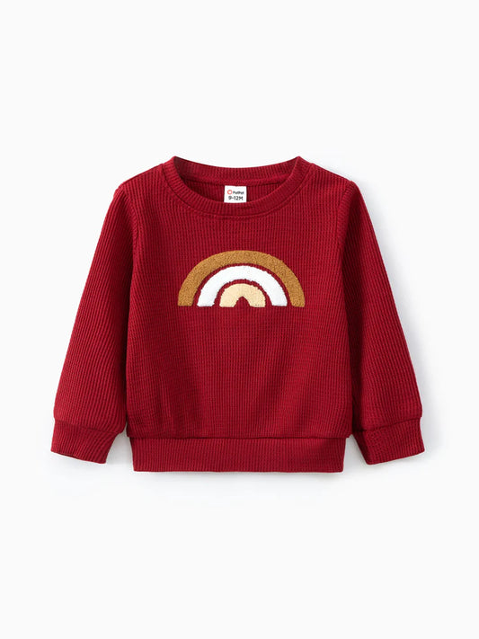 Boy/Girl Rainbow Pattern Waffle Long-sleeve Pullover Sweatshirt Burgundy