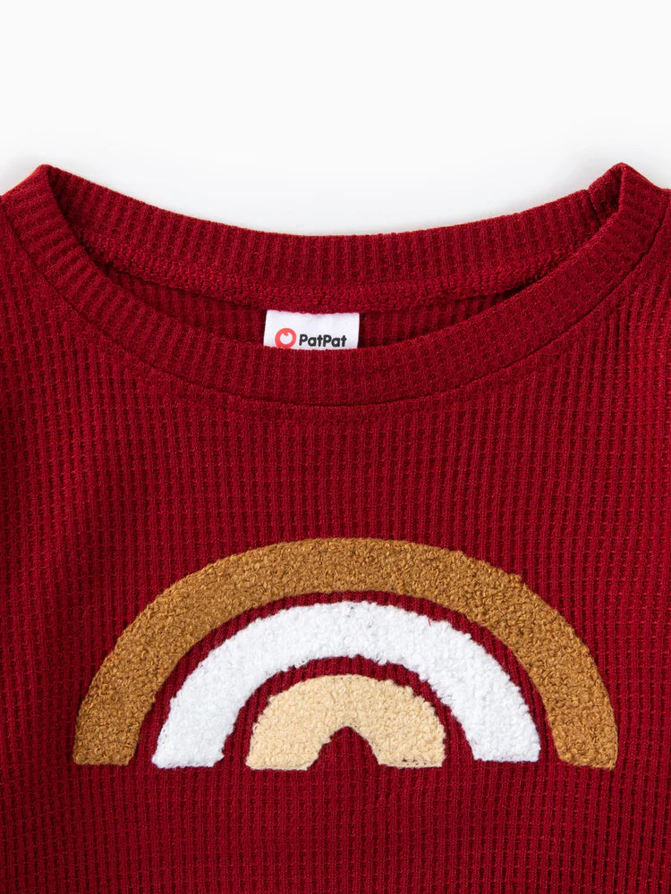 Boy/Girl Rainbow Pattern Waffle Long-sleeve Pullover Sweatshirt Burgundy