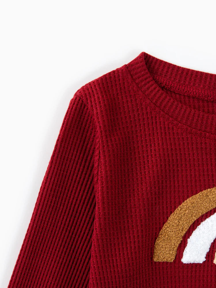 Boy/Girl Rainbow Pattern Waffle Long-sleeve Pullover Sweatshirt Burgundy