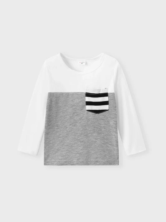 Stripe Splice Chest Pocket Decor Long-sleeve Tee Black