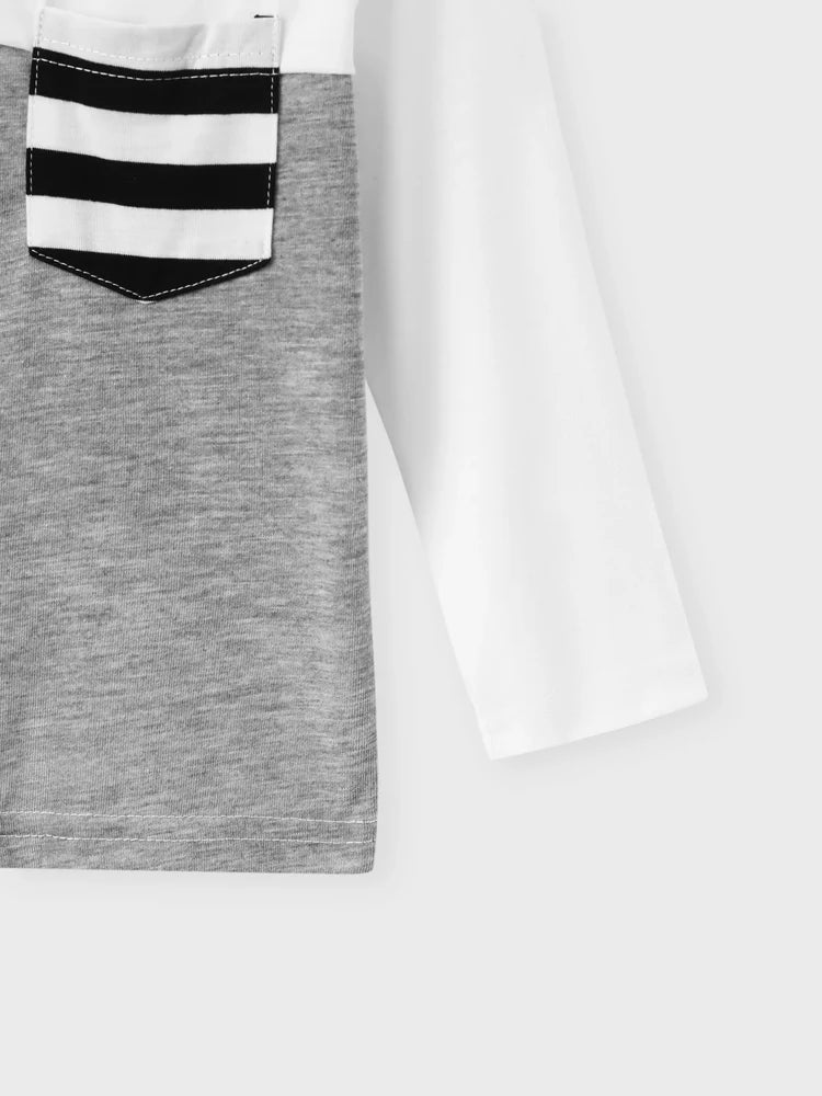 Stripe Splice Chest Pocket Decor Long-sleeve Tee Black