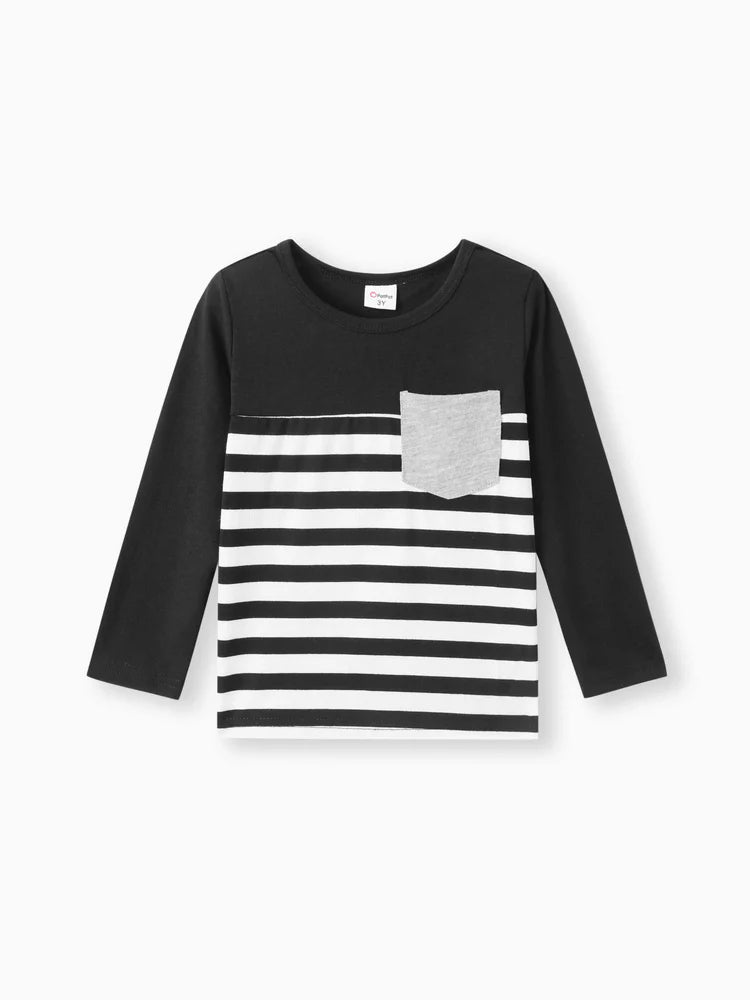 Stripe Splice Chest Pocket Decor Long-sleeve Tee Black