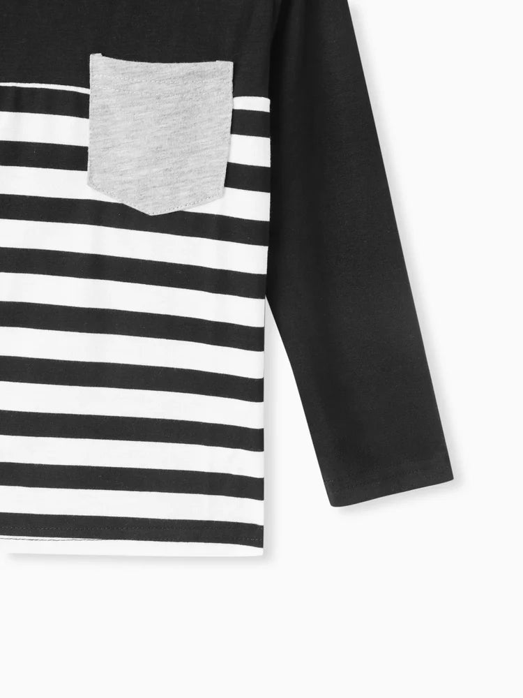 Stripe Splice Chest Pocket Decor Long-sleeve Tee Black