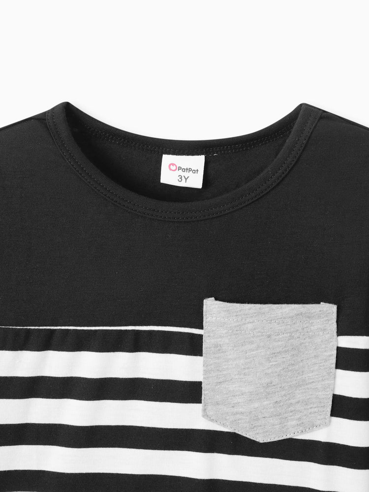 Stripe Splice Chest Pocket Decor Long-sleeve Tee Black