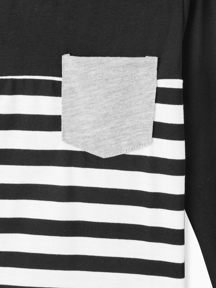 Stripe Splice Chest Pocket Decor Long-sleeve Tee Black
