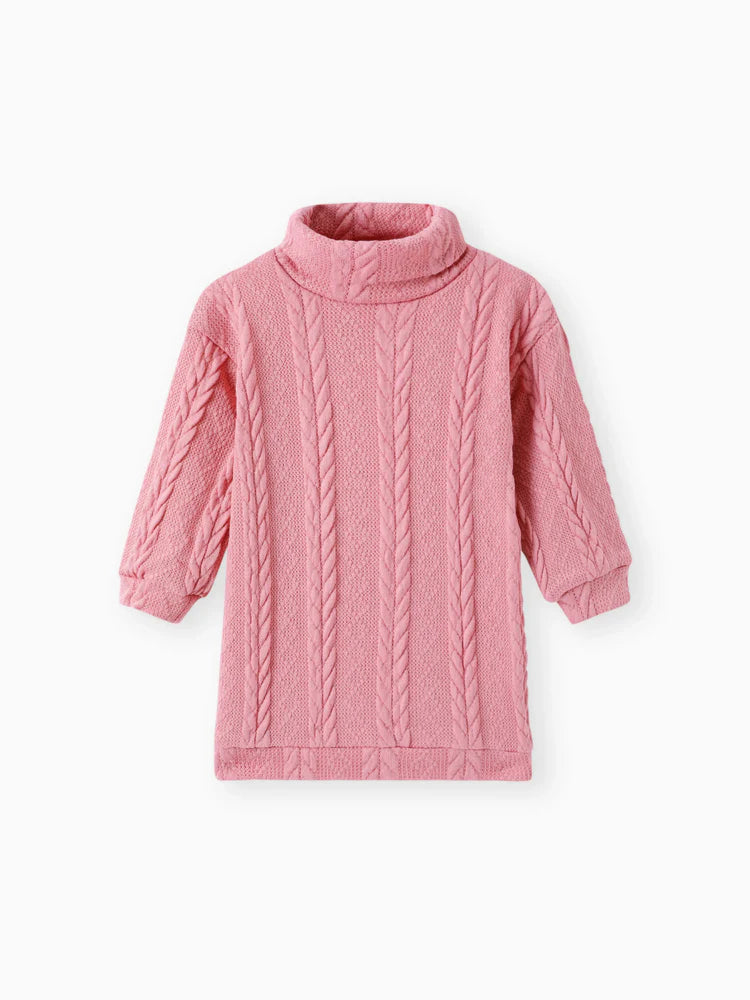 Turtleneck Cable Knit Long-sleeve Sweater Dress Pink