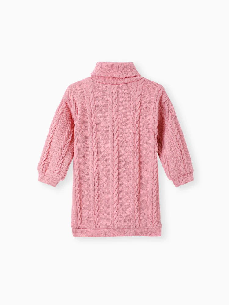 Turtleneck Cable Knit Long-sleeve Sweater Dress Pink