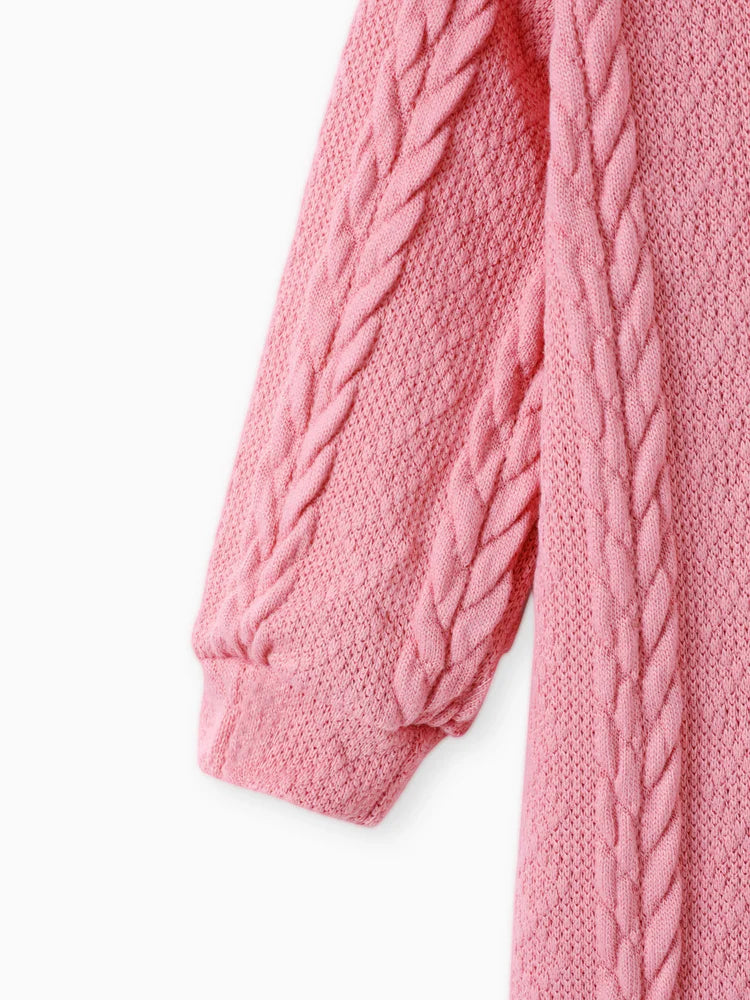 Turtleneck Cable Knit Long-sleeve Sweater Dress Pink