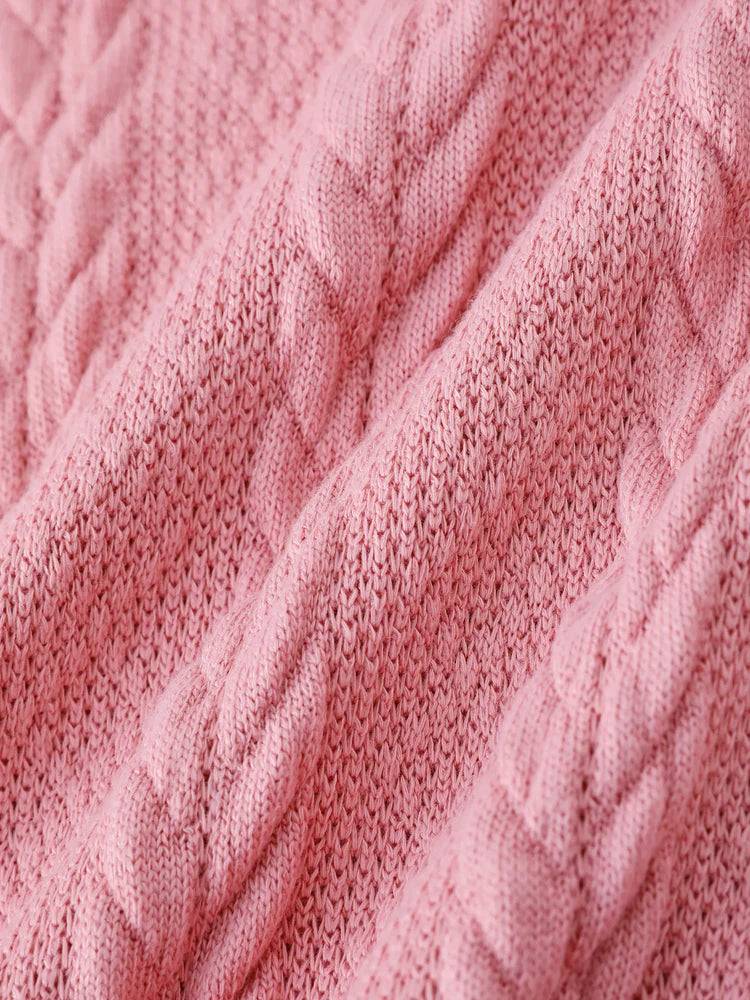 Turtleneck Cable Knit Long-sleeve Sweater Dress Pink