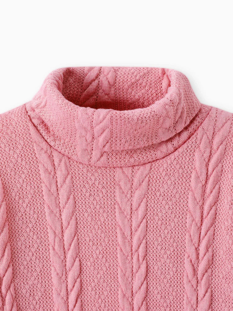 Turtleneck Cable Knit Long-sleeve Sweater Dress Pink
