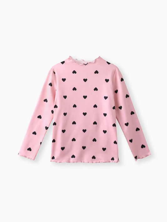 Long-sleeve Tee with Heart Print (Lettuce Trim Mock Neck)