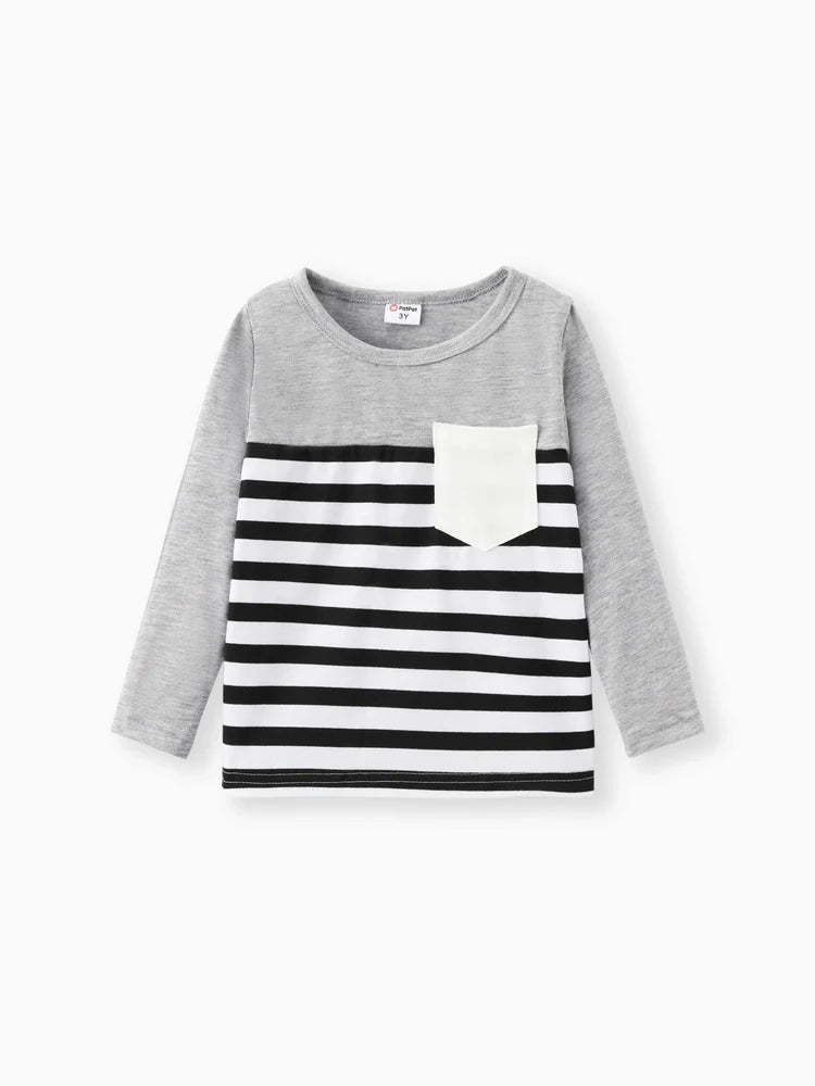 Stripe Splice Chest Pocket Decor Long-sleeve Tee Black