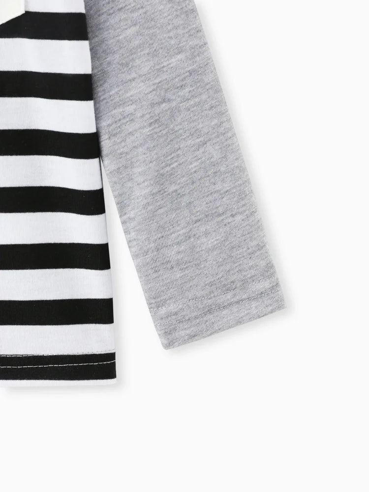 Stripe Splice Chest Pocket Decor Long-sleeve Tee Black