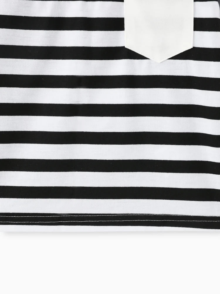 Stripe Splice Chest Pocket Decor Long-sleeve Tee Black