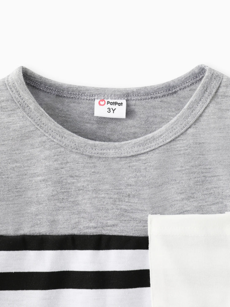 Stripe Splice Chest Pocket Decor Long-sleeve Tee Black