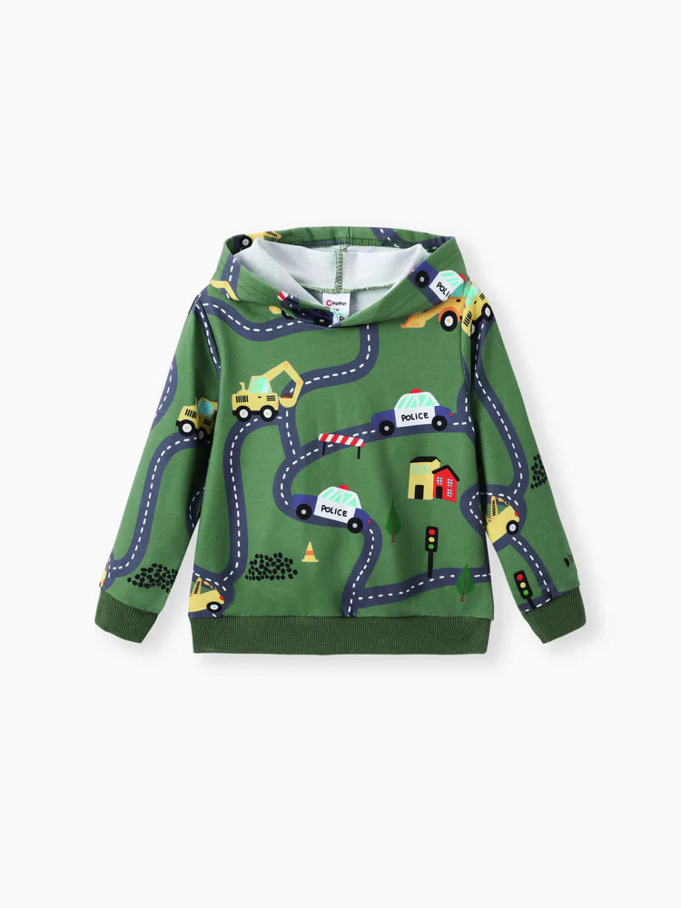 Road Vehicle Print Hoodie Sweatshirt Dark Green