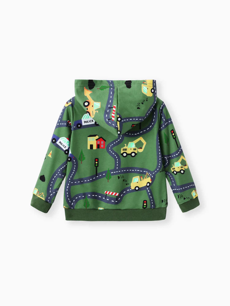 Road Vehicle Print Hoodie Sweatshirt Dark Green