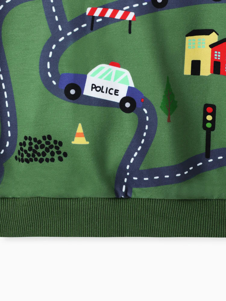 Road Vehicle Print Hoodie Sweatshirt Dark Green