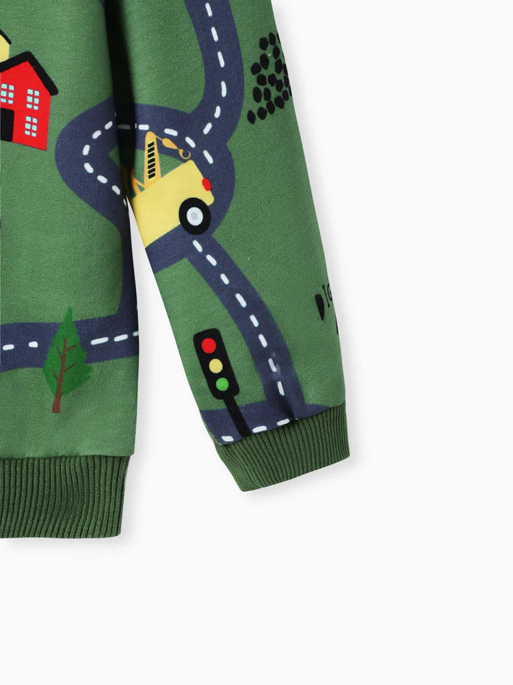 Road Vehicle Print Hoodie Sweatshirt Dark Green