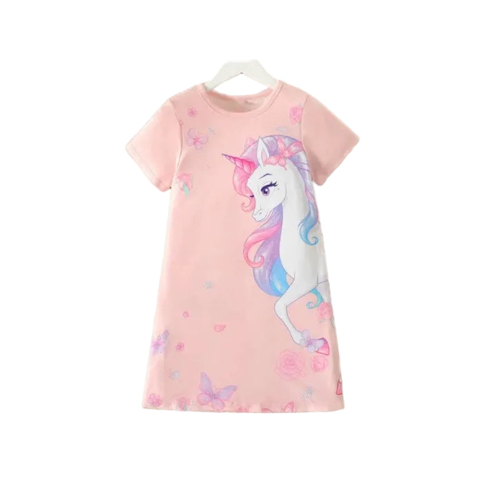 Girl's Kid Unicorn Print Short Sleeve Light Pink