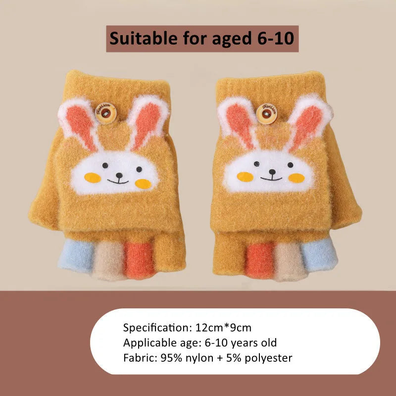 Cute Thick Gloves Winter Cartoon Rabbit Flip Half Finger Glove -H