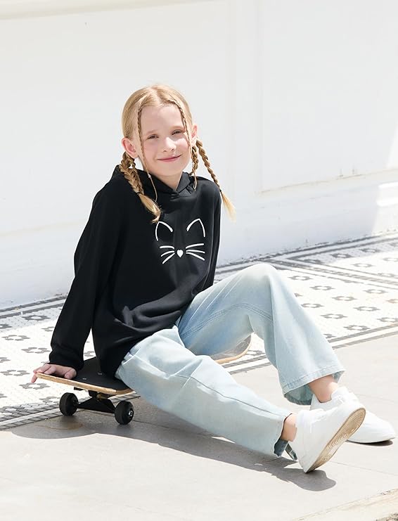 Girls Graphic Hoodies Long Sleeve Cartoon Print Pullover Hooded Sweatshirt Cute Casual Tops for Girl