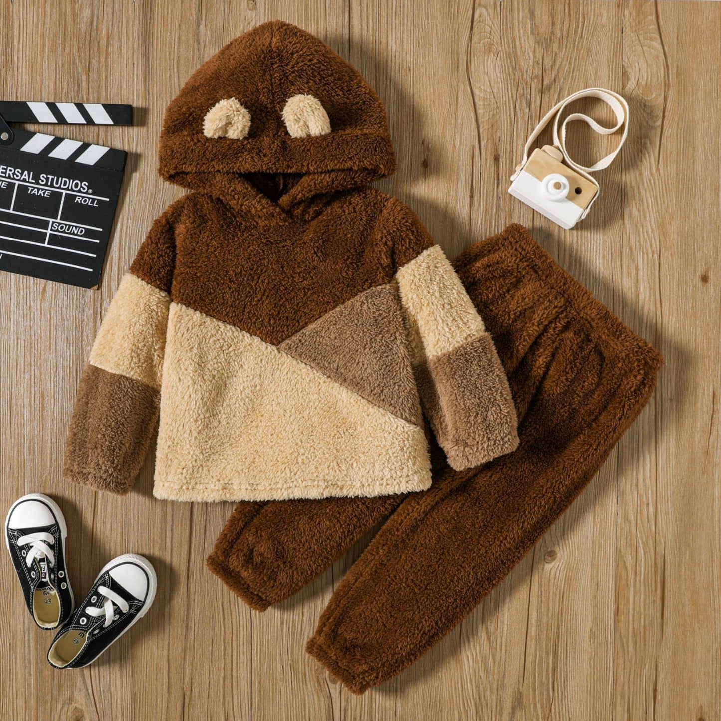 Toddler Fleece Hoodie Colorblock Sweatshirt with Ear Fall Winter Clothing Sets