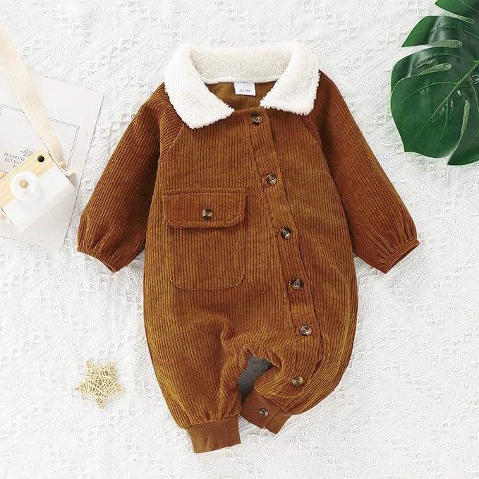 Winter Long Sleeve Corduroy Romper Solid Color Button Down Jumpsuit