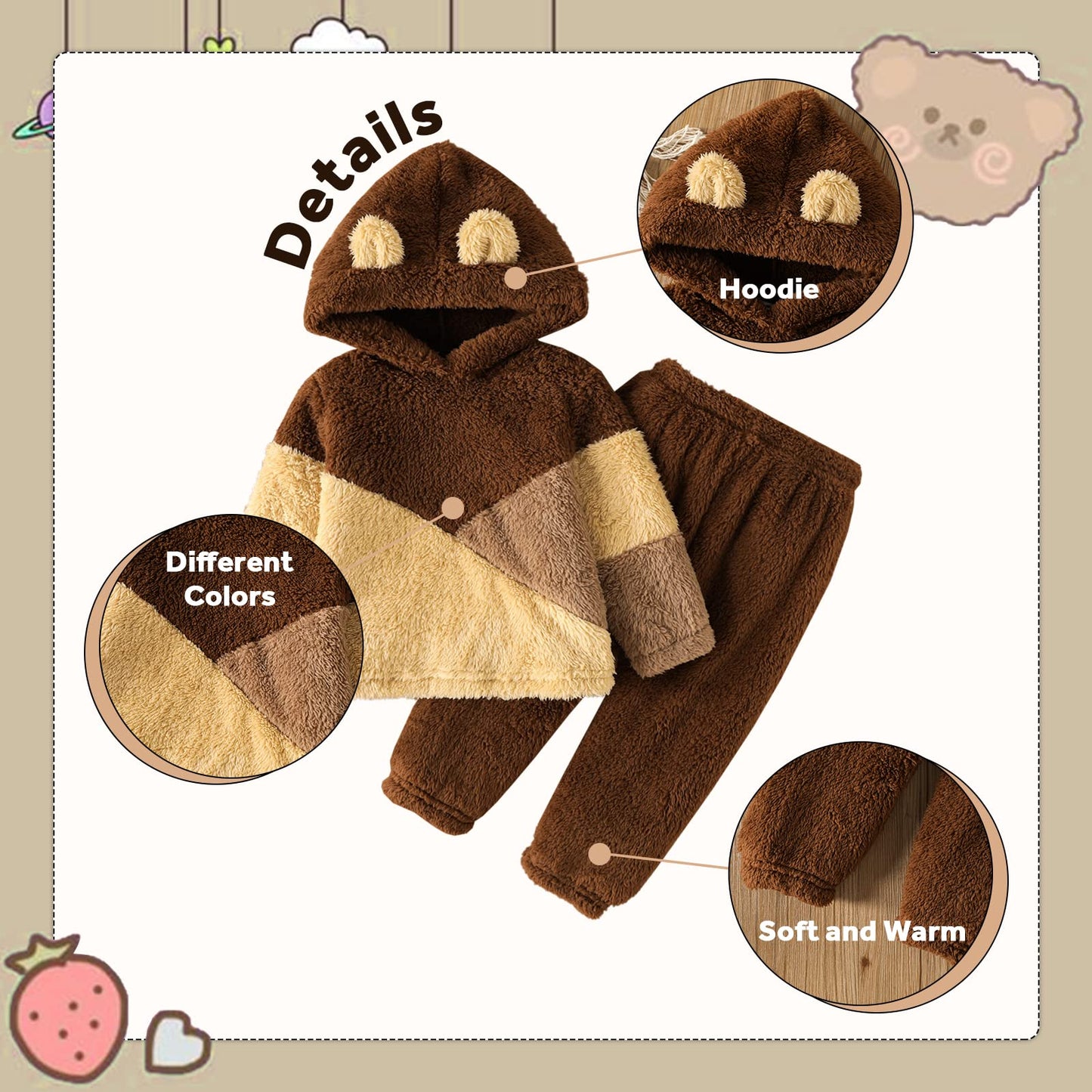 Toddler Fleece Hoodie Colorblock Sweatshirt with Ear Fall Winter Clothing Sets