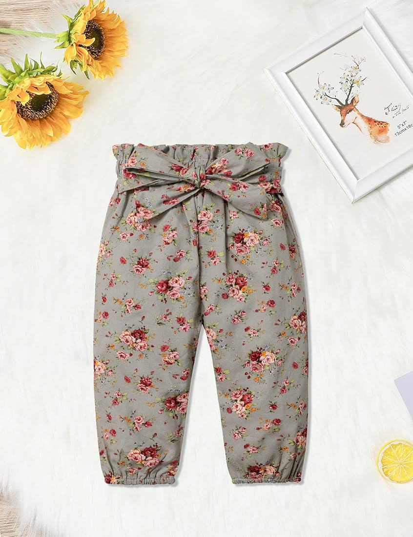 Floral Paperbag Waist Baby Pants with Ruffle Detail
